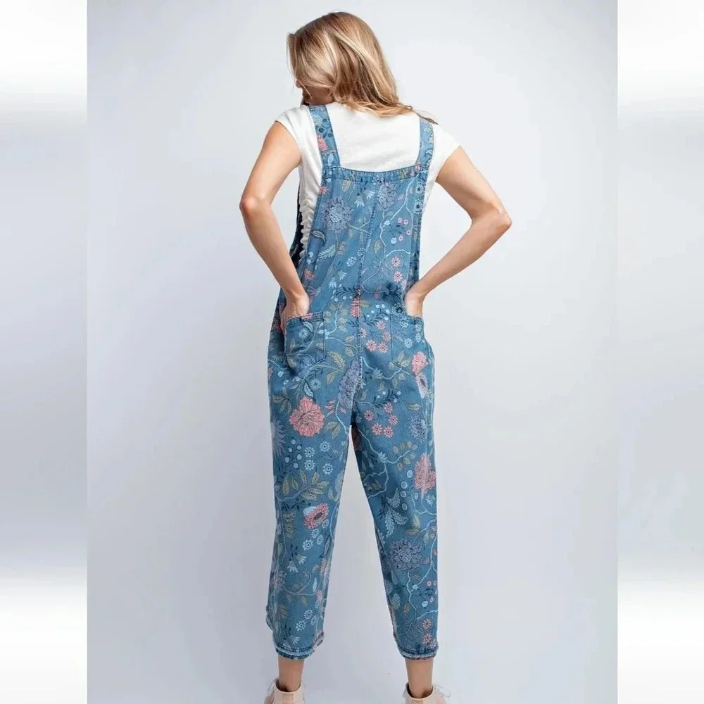 New! Easel Vintage Blue Washed Denim Floral Overall Jumpsuit M - Picture 5 of 5